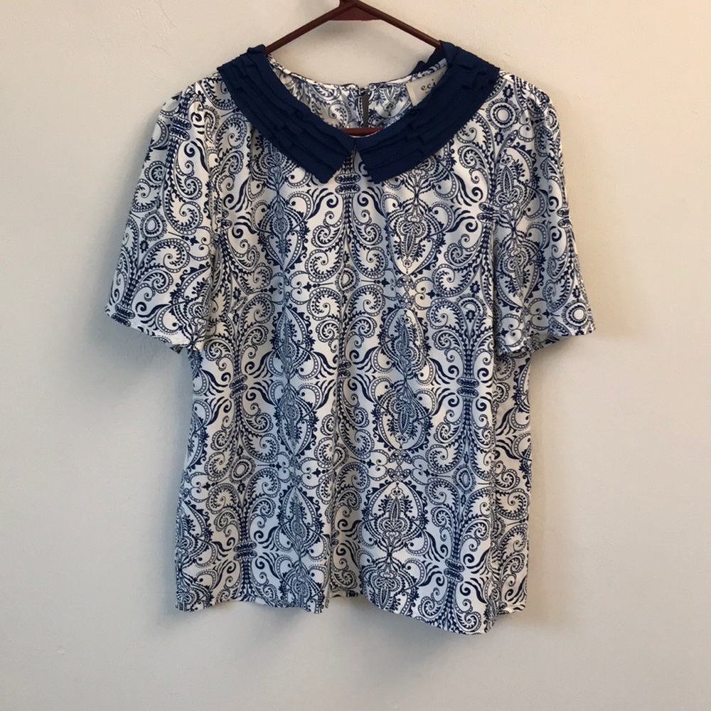Eci White and Blue Damask Blouse